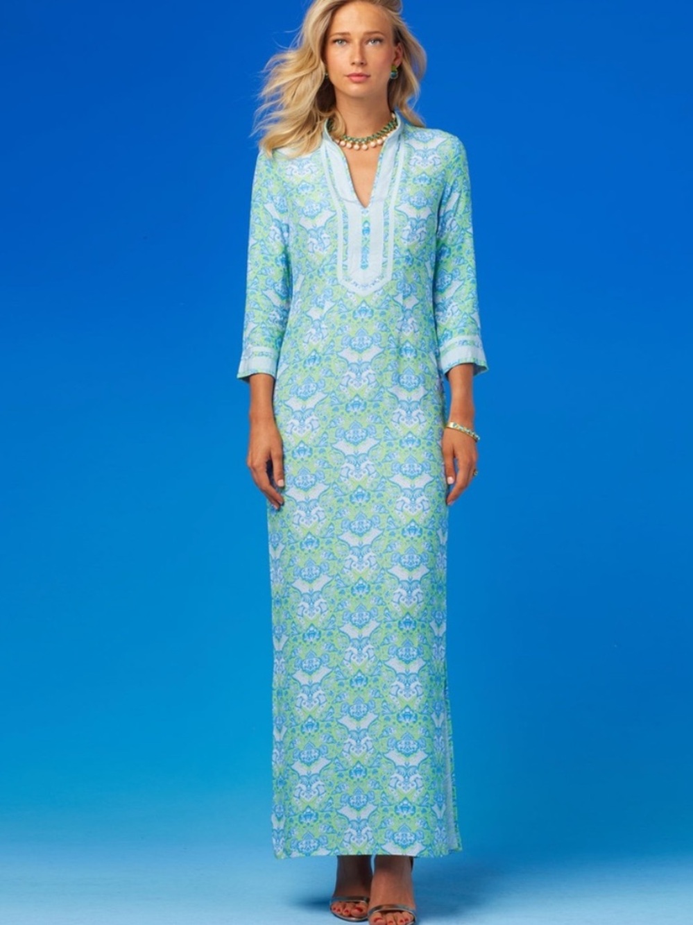 Nicoblu Capri Floral 3/4 Sleeve Long Tunic Dress Women Size XS Petite